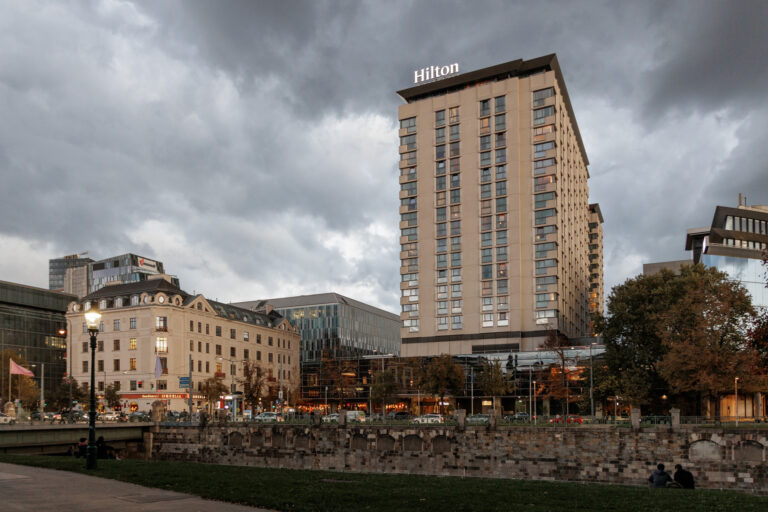 Exterior view of Hilton Vienna Park showing hotel facade and main entrance