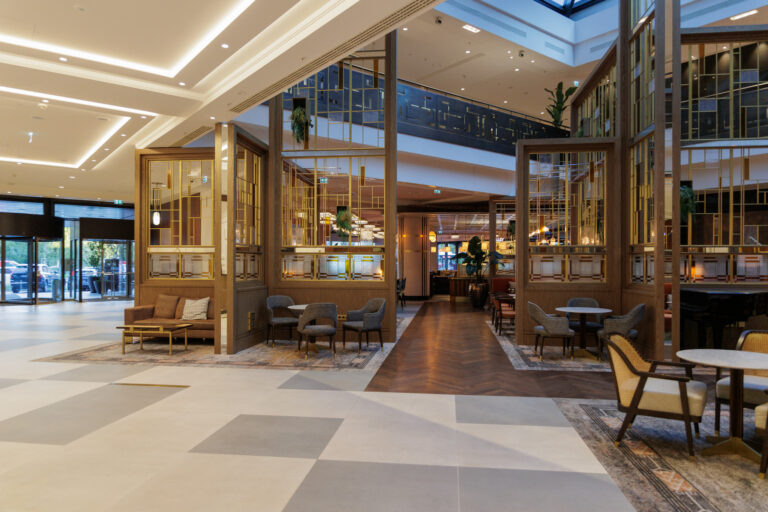 Grand entrance of Hilton Vienna Park decorated for corporate event